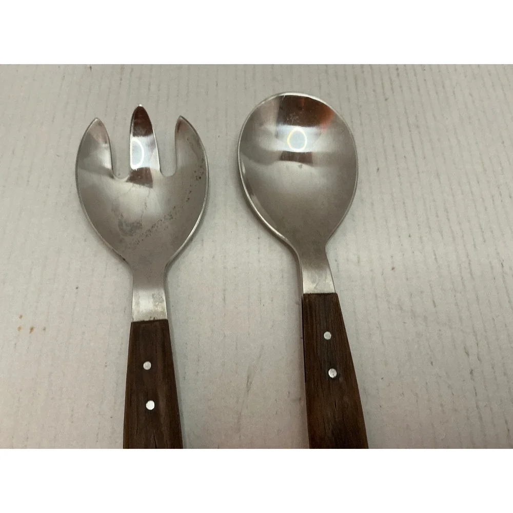 Hepe Vintage Salad Serving Set Stainless Wood Handle Denmark MCM Mid Century 12
